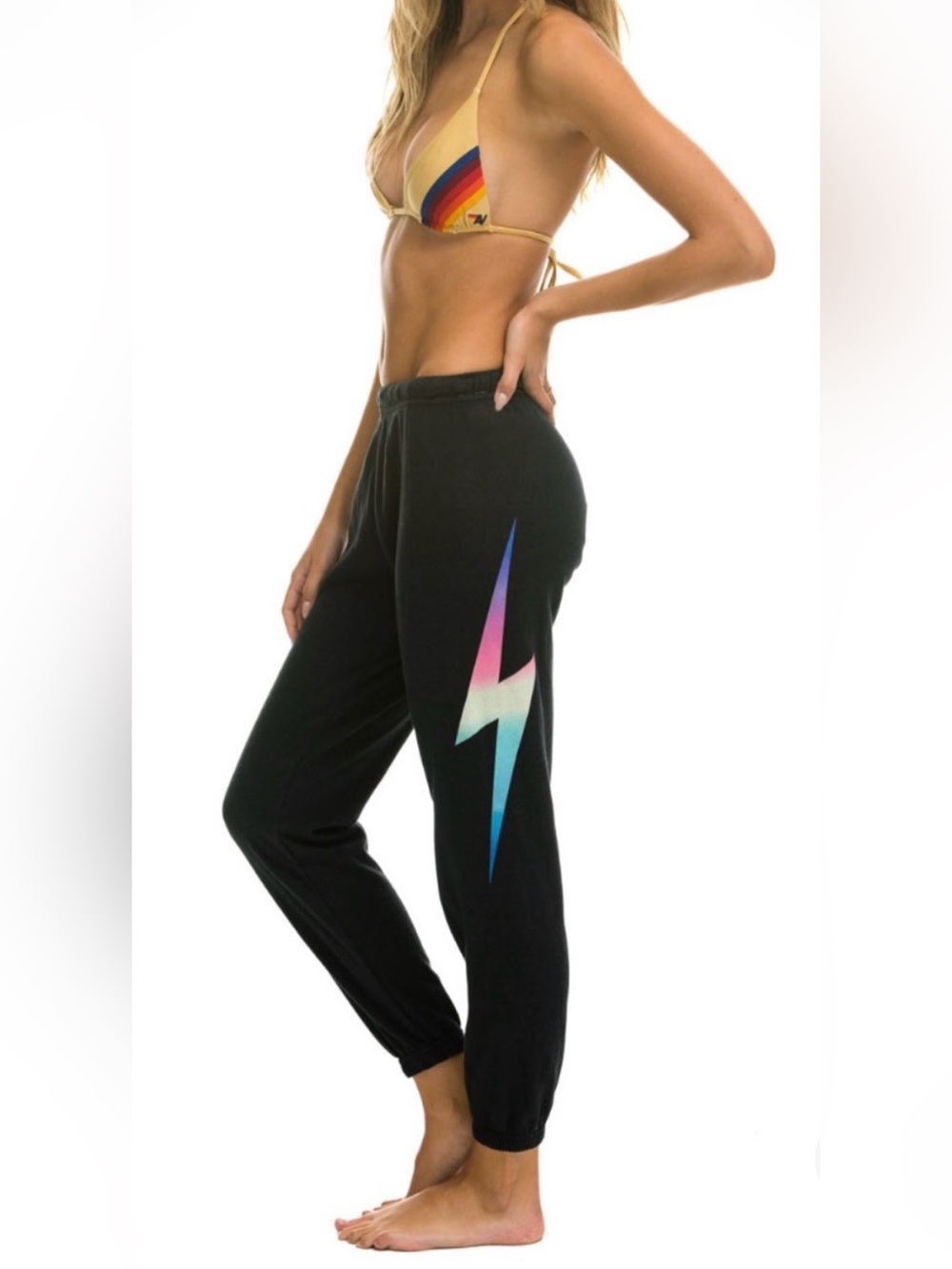 Aviator Nation Black Rainbow Lightning Graphic Jogger Pants - Medium
